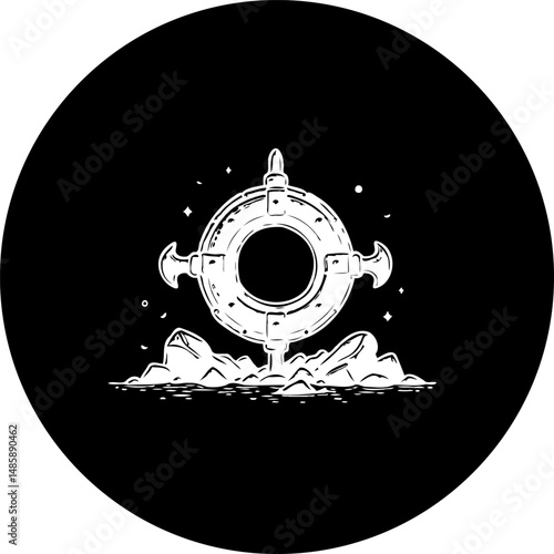 Monochrome artistic illustration of a strange celestial wheel on desolate terrain