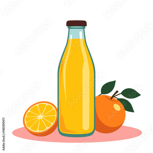 Orange juice bottle with halved orange and whole orange beside  