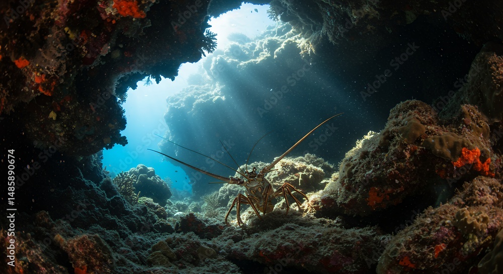 Naklejka premium Lobster Underwater Cave Scene