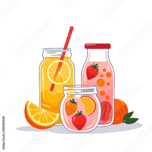 Colorful fruit drinks in jars with oranges and strawberries around  