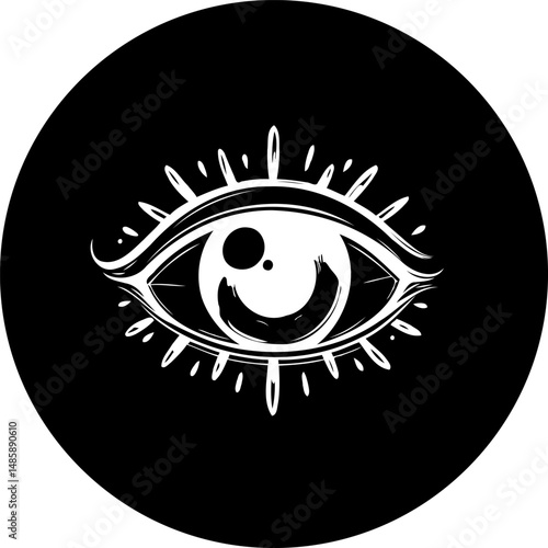 Monochromatic stylized eye with radiating lines on a circular black background