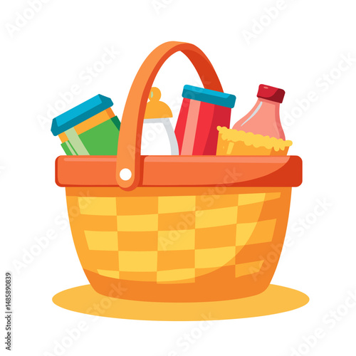 Colorful basket filled with food items and drinks on a white background  