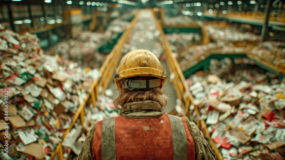 Naklejka premium Back view of a worker in a safety vest and helmet standing in a recycling plant, facing mountains of compressed paper waste on conveyor belts
