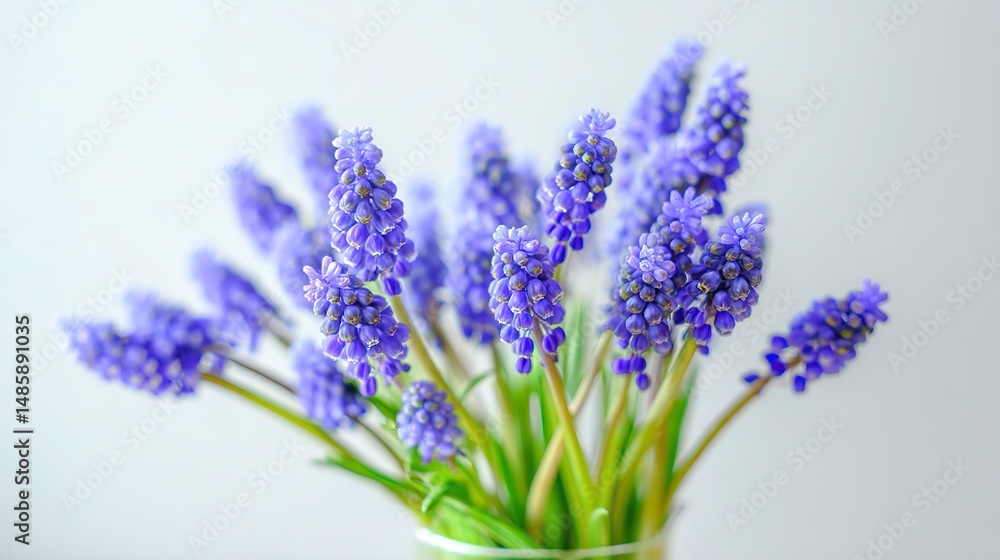Naklejka premium Close-up of a vase filled with vibrant blue-purple muscari flowers in macro photography with blurred background and bokeh effect, high-resolution, detailed floral composition.
