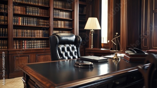 luxurious law office interior with leather chair and bookshelves
