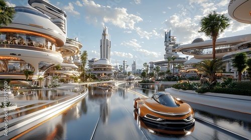 Futuristic cityscape with sleek vehicle and modern architecture vision of tomorrow