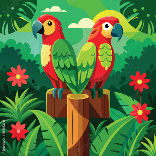 a photo of a pair of parrots perched on a wooden.