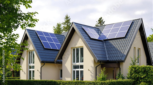 Wallpaper Mural Eco-Conscious Suburban House with Solar Panels on Dark Grey Roof and Garden in Quiet Area Torontodigital.ca