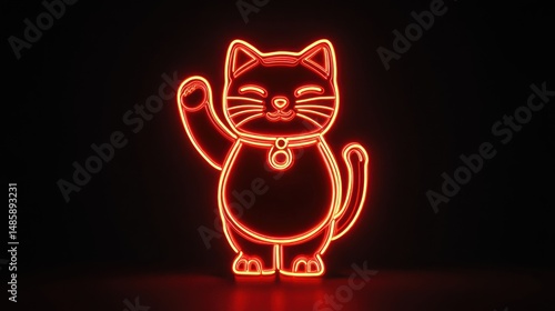 Neon Maneki Neko Luminescence: Modern Lucky Cat Design on Black Backdrop