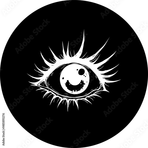 Monochromatic Mystical Eye Design Within a Circle, Evoking Surreal and Symbolic Aesthetics