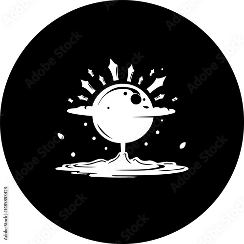 Stylized sphere sunrise explosion, minimalist graphic in a stark black circle background