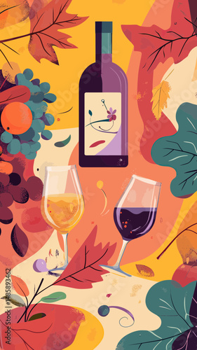 Autumn wine bottle with red and white wine glasses surrounded by colorful fall leaves and grapes in flat minimalist vector style