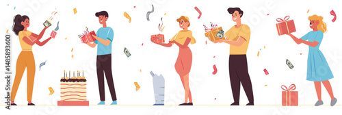 Group of people celebrating birthday party with gifts, confetti, money presents, and cake in flat minimalist vector style illustration