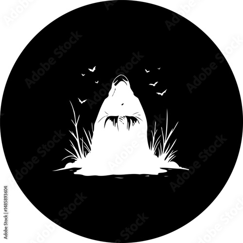 Monochromatic depiction of a shrouded figure amidst nature elements within a circle
