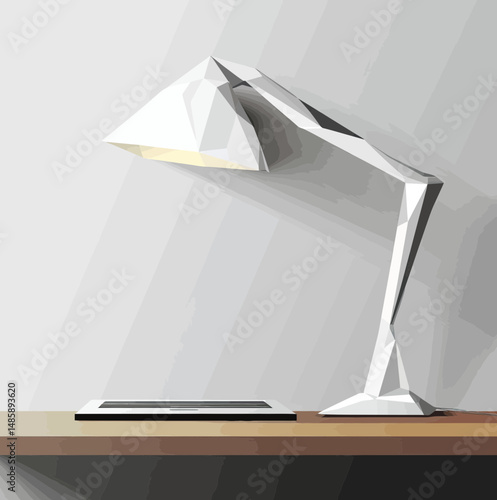 Low poly white geometric desk lamp illuminating tablet on wooden surface flat minimalist vector illustration with long shadows and subtle gray background