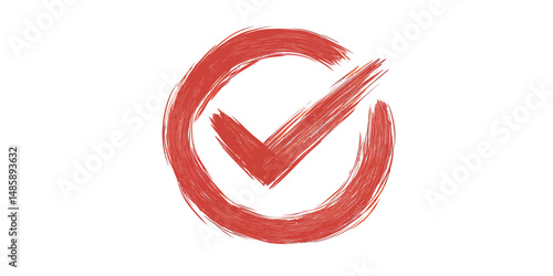 Red hand drawn check mark inside rough circle sketch, vector illustration of approval, selection, confirmation symbol with artistic marker stroke effect for emphasis highlight concept