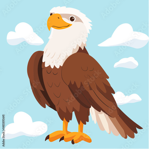 Cute cartoon bald eagle standing confidently with white clouds on blue sky background in flat minimalist vector style illustration