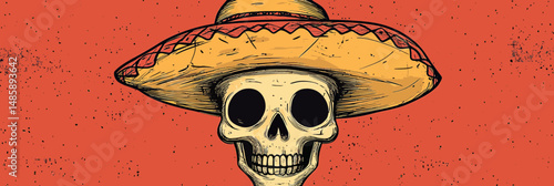 Vintage sketchy human skull wearing traditional Mexican sombrero hat with detailed line art on textured red background cartoon vector illustration