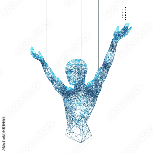 Blue polygonal human puppet controlled by thin strings with outstretched arms in abstract mesh wireframe style on white background