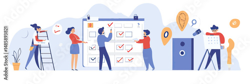 Teamwork project management checklist collaboration with diverse people marking tasks on board flat vector illustration for business planning and organization concept