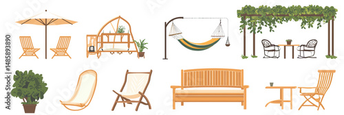 Outdoor garden furniture set with wooden chairs umbrella table bench hammock swing pergola potted plants and terrace seating in flat vector style