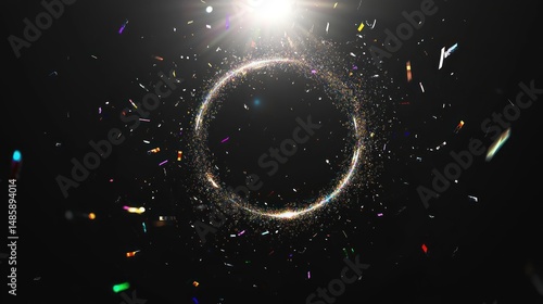 Radiant particle ring with shimmering confetti, illuminated by bright light