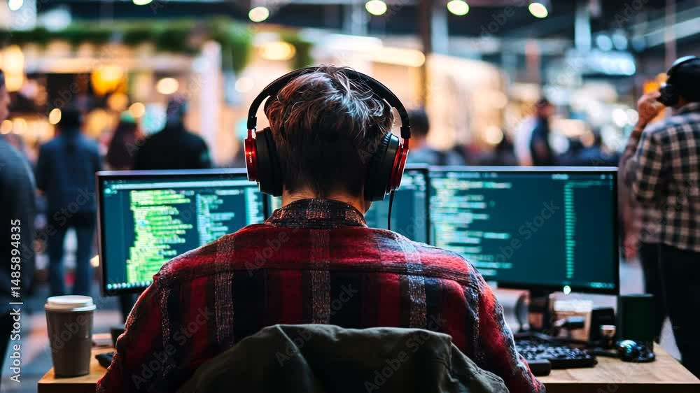 A focused individual in a plaid shirt coding at dual monitors in a bustling tech environment A focused individual in a plaid shirt coding at dual monitors in a bustling tech environment