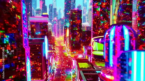 Neon metropolis: vibrant urban cityscape with dynamic lighting and shapeshifting skyscrapers