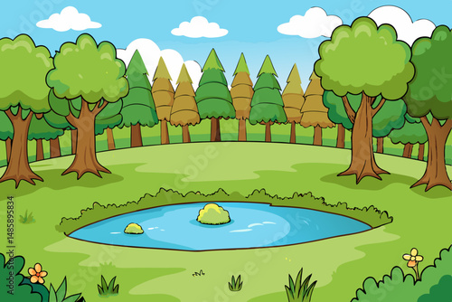 Natural Forest Clearing with Calm Water Reflection Vector Illustration