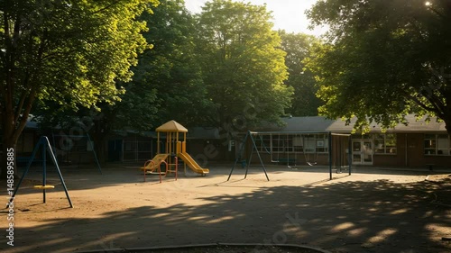 Serene Early Morning at a Peaceful Preschool Playground