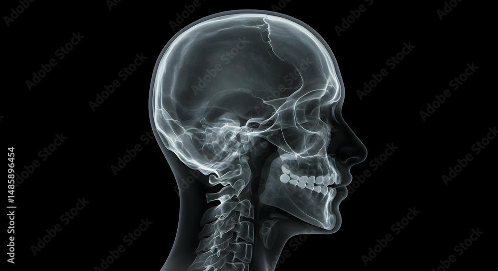 Spine, Bones, Anatomy, X-Ray of a Human Skull and Neck in Profile Spine, Bones, Anatomy, X-Ray of a Human Skull and Neck in Profile