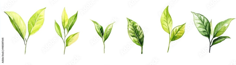 Fototapeta premium Watercolor illustration of several tea leaves