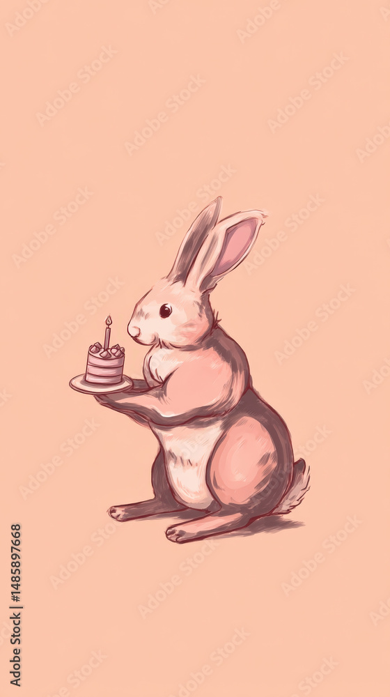 Fototapeta premium A fluffy bunny rabbit holds a miniature birthday cake with a single candle, showcasing a delightful celebration and whimsy in a pastel backdrop