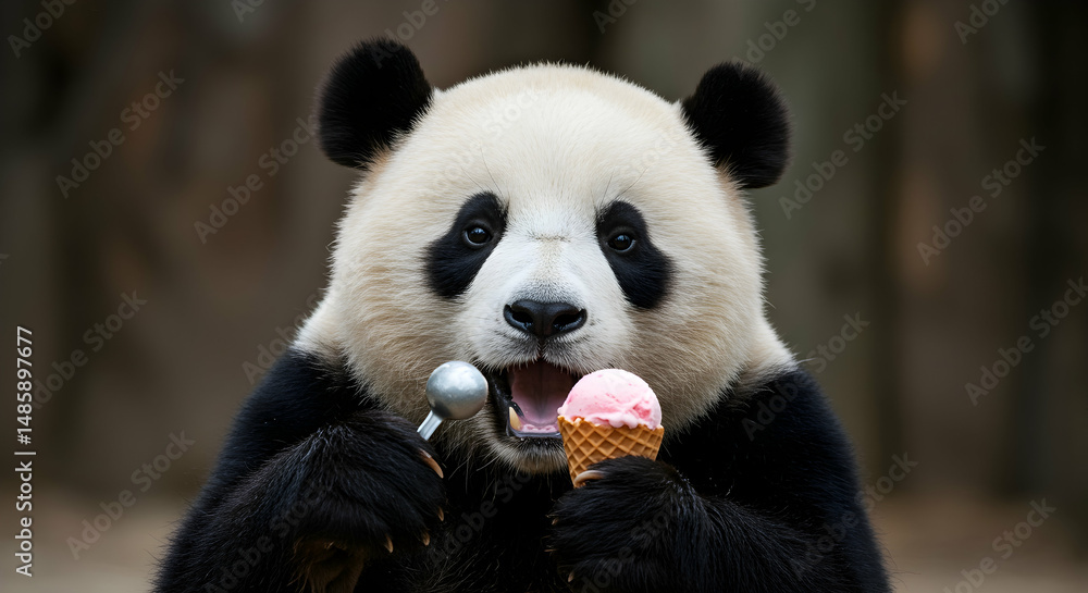 Fototapeta premium Giant panda, Strawberry ice cream, Summer, Panda Enjoying Ice Cream Cone