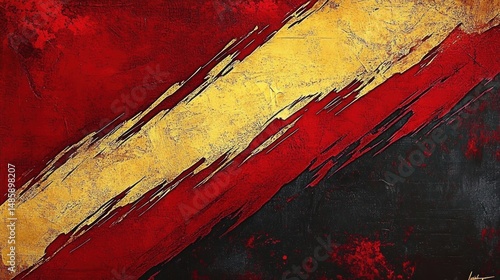 Abstract textured painting with dynamic diagonal strokes of gold, red, and black creating a bold and energetic visual effect