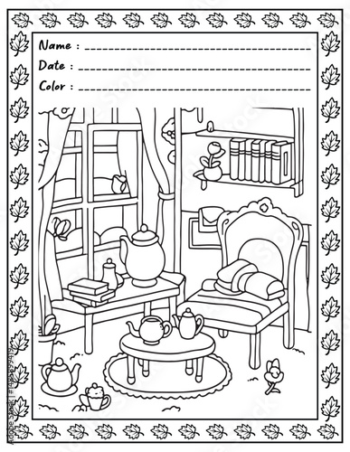 Bold and Easy Cozy Nooks Coloring Book for Adults and Kid.  
High resolution (300 DPI), 
Ready to print on standard 8.5x11 inch paper With (No Bleed), 
Black and White. 
Vector illustration - AI, EPS,