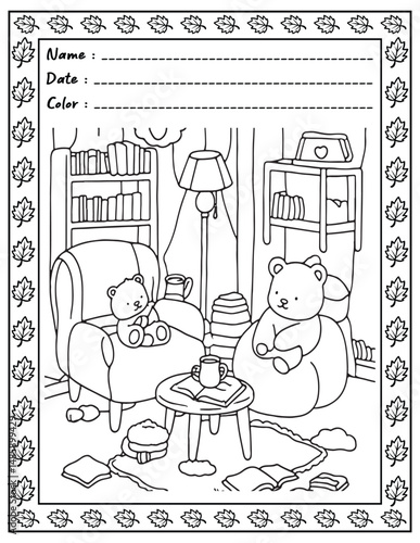 Bold and Easy Cozy Nooks Coloring Book for Adults and Kid.  
High resolution (300 DPI), 
Ready to print on standard 8.5x11 inch paper With (No Bleed), 
Black and White. 
Vector illustration - AI, EPS,