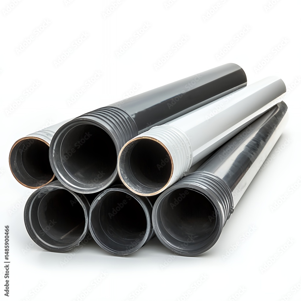 Fototapeta premium Stacked Gray and White Cylindrical Pipes on White Background