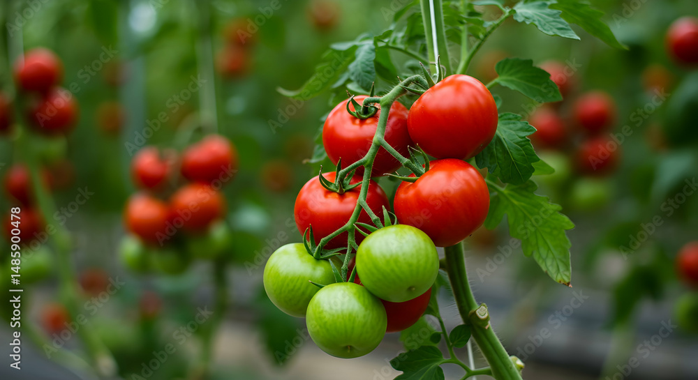 Green tomato, Green tomatoes, Vines, Ripe Red Tomatoes Growing on the Vine in a Greenhouse Green tomato, Green tomatoes, Vines, Ripe Red Tomatoes Growing on the Vine in a Greenhouse