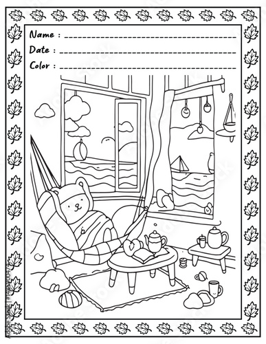 Bold and Easy Cozy Nooks Coloring Book for Adults and Kid.  
High resolution (300 DPI), 
Ready to print on standard 8.5x11 inch paper With (No Bleed), 
Black and White. 
Vector illustration - AI, EPS,