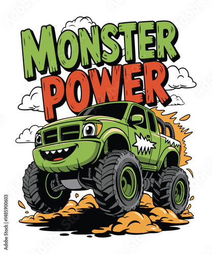 Monster power cartoonist monster truck t shirt design for kids