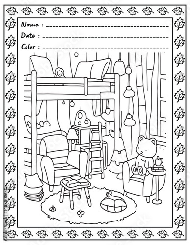 Bold and Easy Cozy Nooks Coloring Book for Adults and Kid.  
High resolution (300 DPI), 
Ready to print on standard 8.5x11 inch paper With (No Bleed), 
Black and White. 
Vector illustration - AI, EPS,