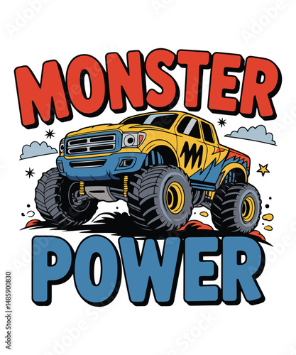 Monster power cartoonist monster truck t shirt design for kids