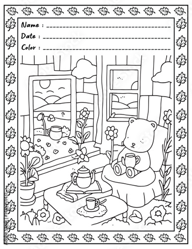 Bold and Easy Cozy Nooks Coloring Book for Adults and Kid.  
High resolution (300 DPI), 
Ready to print on standard 8.5x11 inch paper With (No Bleed), 
Black and White. 
Vector illustration - AI, EPS,