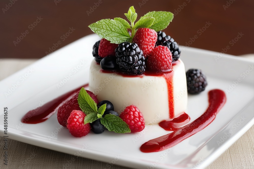 Vanilla panna cotta topped with fresh berries and mint, elegantly plated with a drizzle of raspberry coulis. Vanilla panna cotta topped with fresh berries and mint, elegantly plated with a drizzle of raspberry coulis.