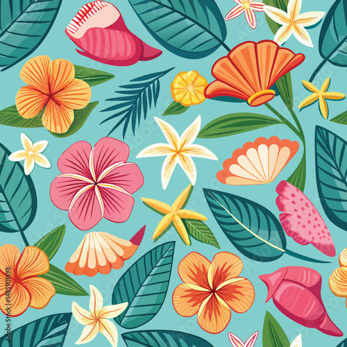 hibiscus starfish-and seashell seamless pattern.