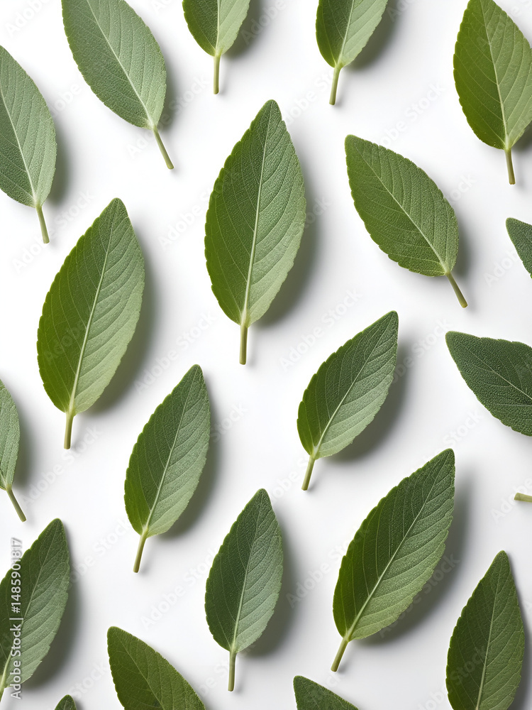 Fresh green sage leaves arranged neatly on a white surface for culinary use and decoration Fresh green sage leaves arranged neatly on a white surface for culinary use and decoration