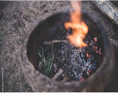 Bubbling herbs and aromatic roots inside a rustic vessel placed on smoldering logs, traditional natural remedy in process.