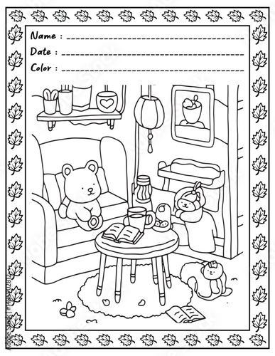 Bold and Easy Cozy Nooks Coloring Book for Adults and Kid.  
High resolution (300 DPI), 
Ready to print on standard 8.5x11 inch paper With (No Bleed), 
Black and White. 
Vector illustration - AI, EPS,