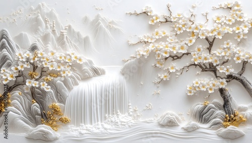 Fototapeta Naklejka Na Ścianę i Meble -  Whimsical, sculpted landscape with mountains, waterfall, and cherry blossoms